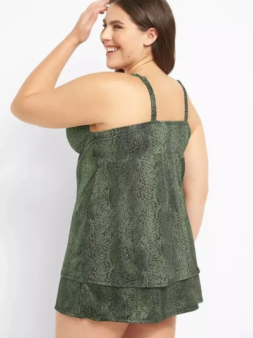 Swim Cacique 38H swimsuit tankini top green black snakeskin knotted front - Picture 2 of 5
